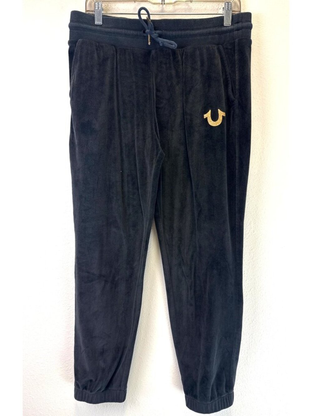 True Religion Black Velour Jogger Pants Gold Logo & Back Pockets Drawstring L